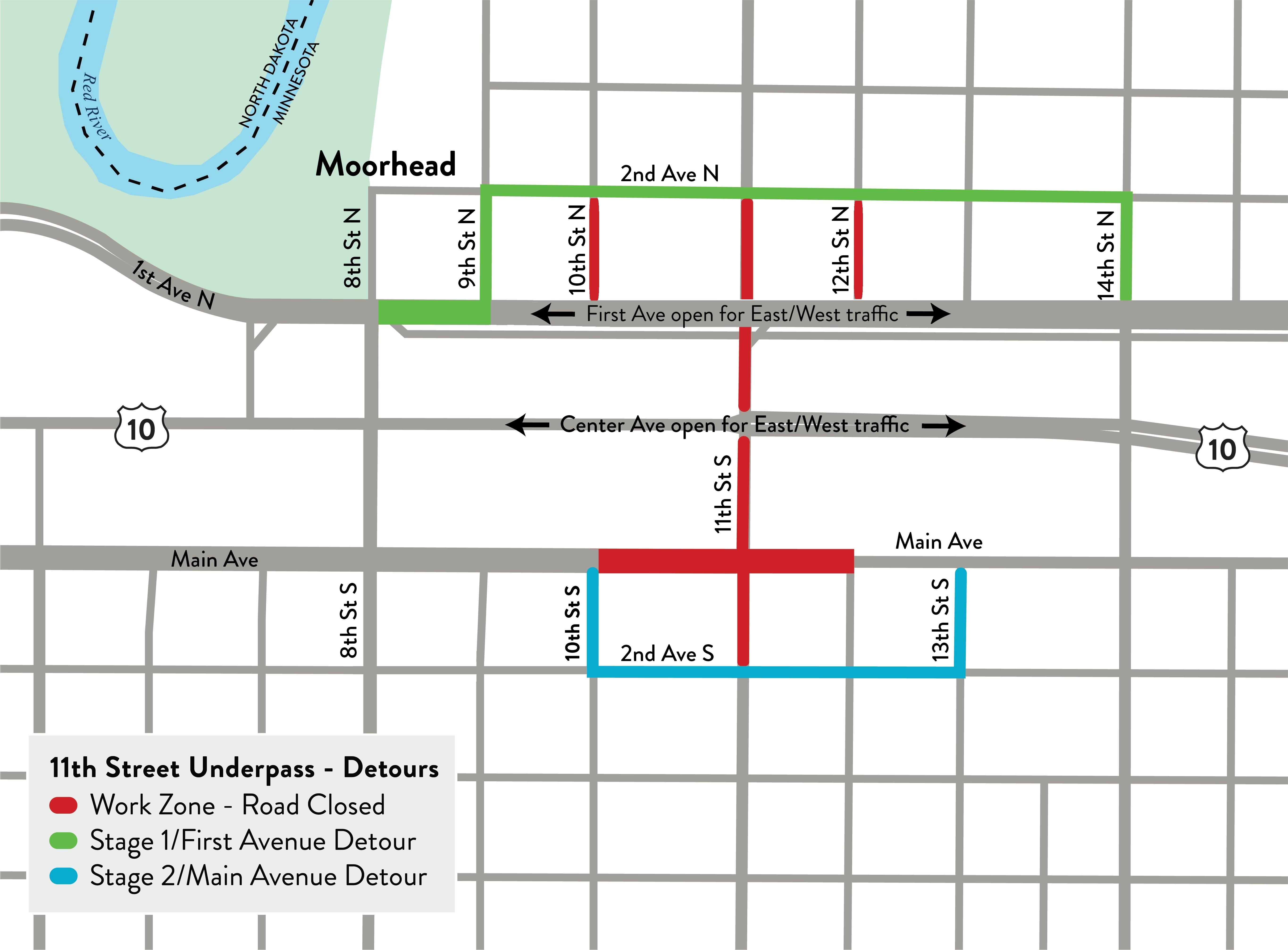 Detour map for the 11th Street underpass project.